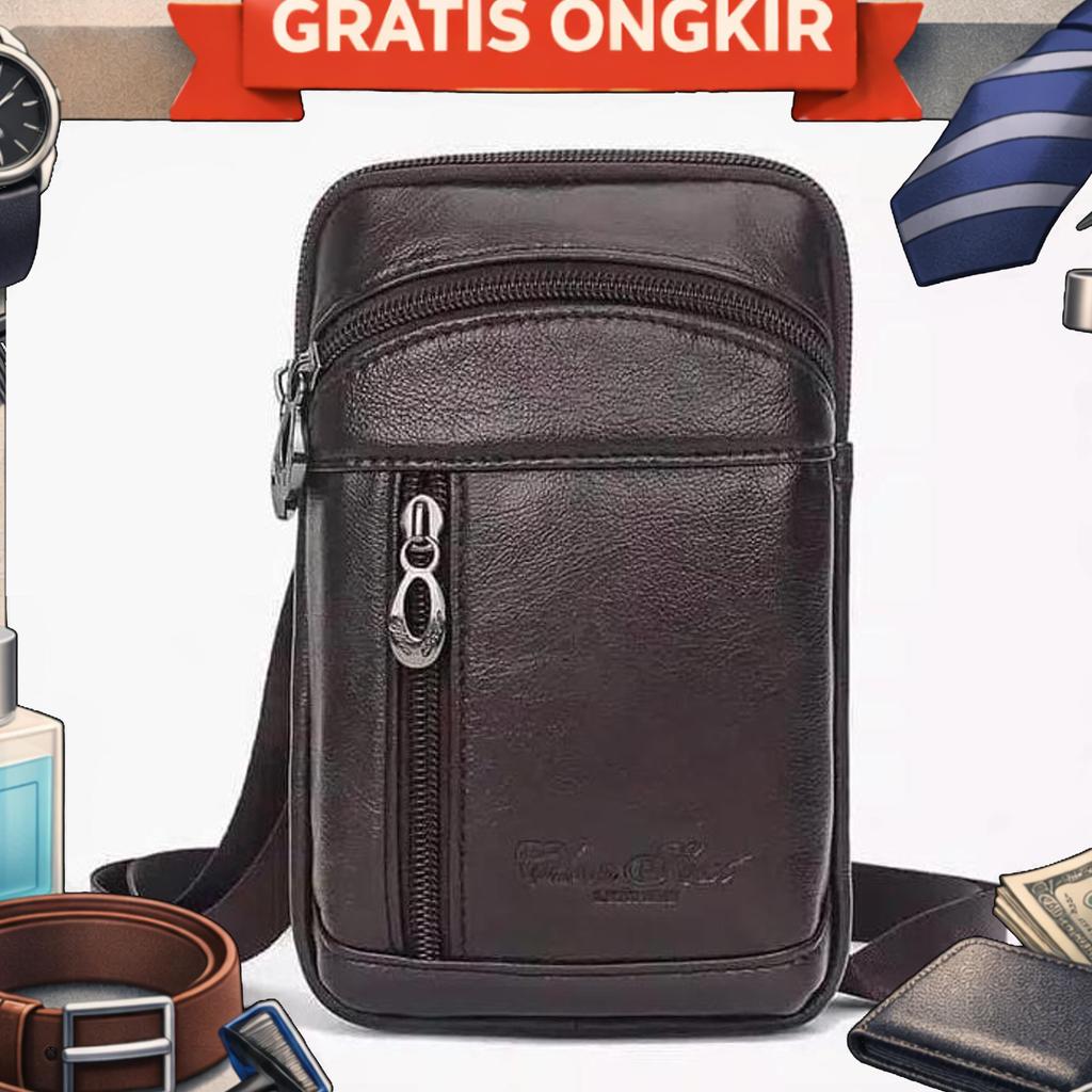 Tas Selempang Kulit Mini Cheer Soul Tas Kulit Fashion Tas Hp Pria 2395