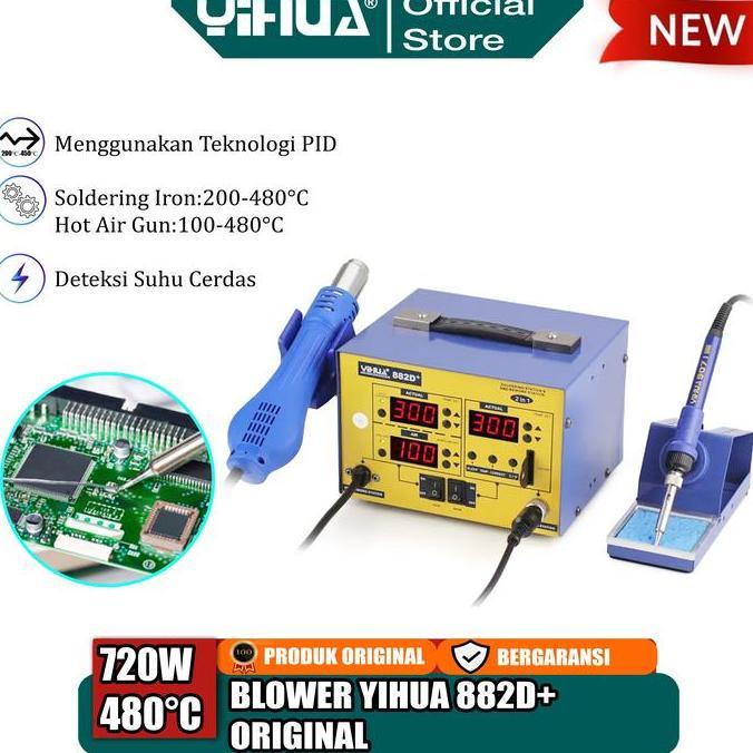 TERLARIS Yihua 882D+ Blower Solder Uap Hot Air Gun 2 IN 1 Soldering Station ORI