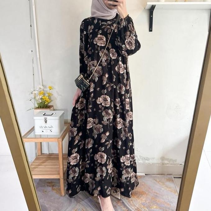 Thebest- Rosalia Dres Gamis Rayon Motif Bunga Kekinian Rayon Diamond