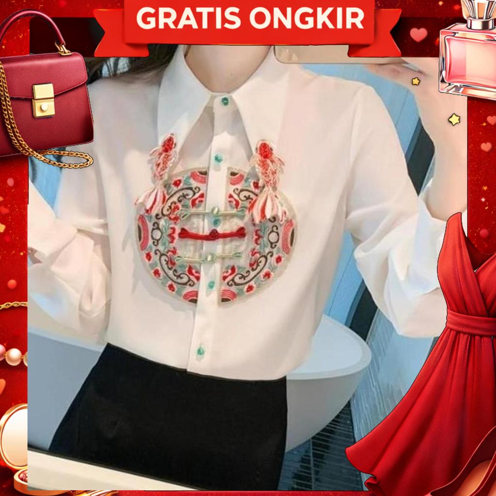 Kemeja Lengan Panjang Cheongsam Chongsam Cheong Sam Wanita Merah Putih Red White Gold Fish Ikan Hoki