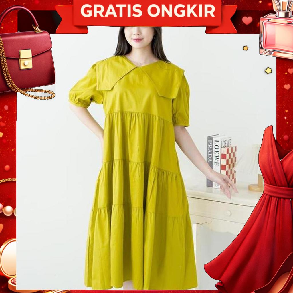 Nuboutique - Yoora Midi Dress - Terusan Wanita Cotton Import Babydoll Korean Style Basic Ruffle Bang