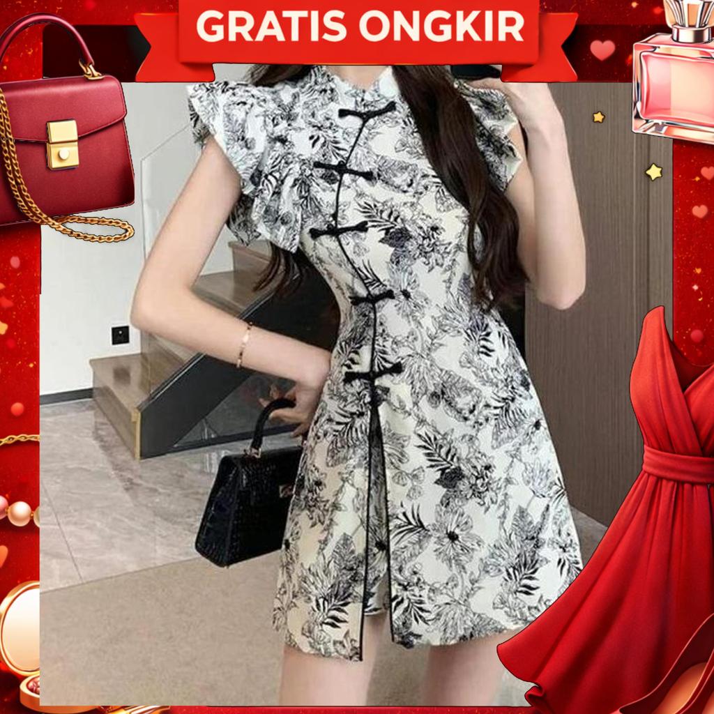 Jc Xia Cheongsam Set Ready Stock Size M-L Baju Tradisional Twiscone Motif Bunga Elegan Ruffle Atasan