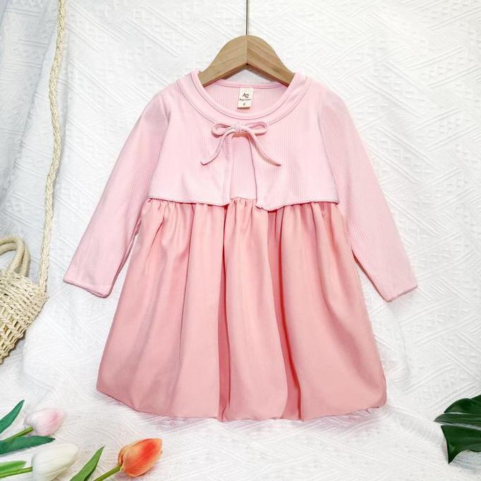 DR128 >> Angenius Dress Gaun Lengan Panjang Anak Perempuan Knite Garis Polos O-Neck Rok Katun Balon 