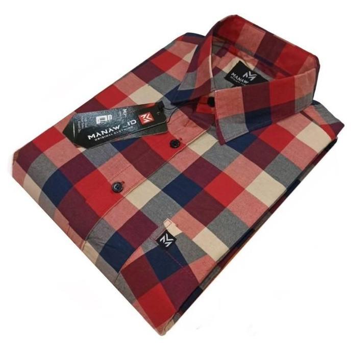 Thebest- Kemeja Pendek Pria Import Motif Kotak Hem Kantor Katun Kasual