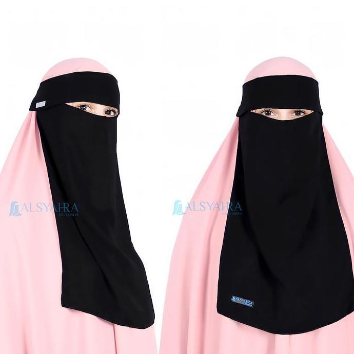 Terpopuler- Niqab Poni Sifon Silk Jetblack Alsyahra Exclusive Muslim Wanita Hitam Pekat Cadar Safety