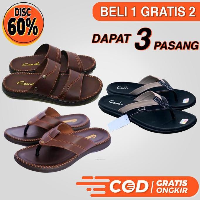 PROMO SPESIAL RAMADHAN BELI 1 GRATIS 2 Sandal Kulit / Sandal Pria / Sandal Casual Pria / Sandal Slop