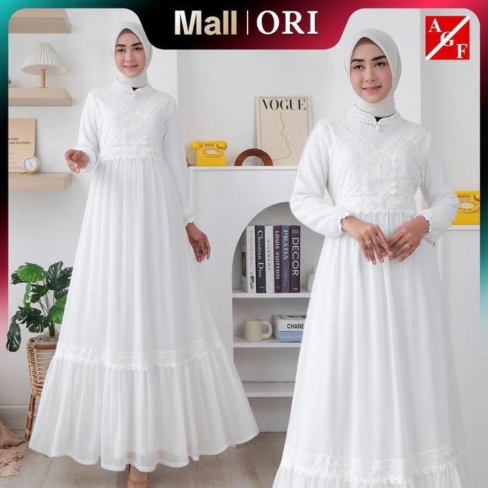 Agnes Hijab - Jihan Dress Gamis Putih Lebaran 2026 Terbaru Gaun Pesta Mewah Simple Elegan Baju Musli