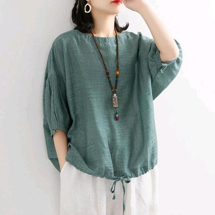 Topyoux- Blouse Wanita Serut Bawah Bahan Polo Linen Kekinian Atasan Cewek Casual Panjang Top Kemeja 