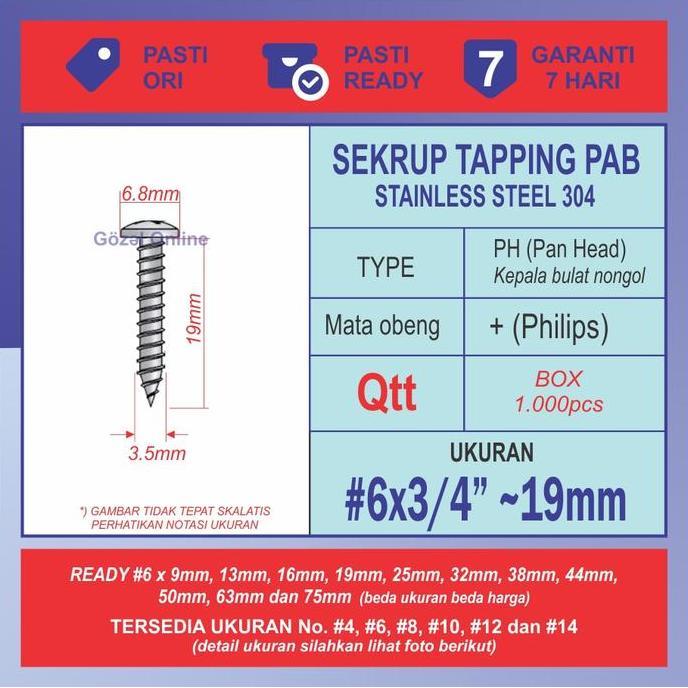 Sekrup stainless PAB no. 6 x19mm - ST 3.5 x 3/4" - BOX isi 1000pcs