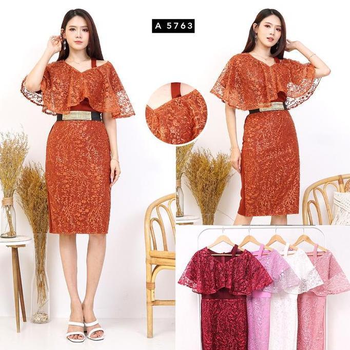 Promo # 5763, DRES ROK SPAN BAHAN SCUBA KOMBINASI TILE SEQUIN BORDIR MUTIARA FREE BELT Dress  Wanita
