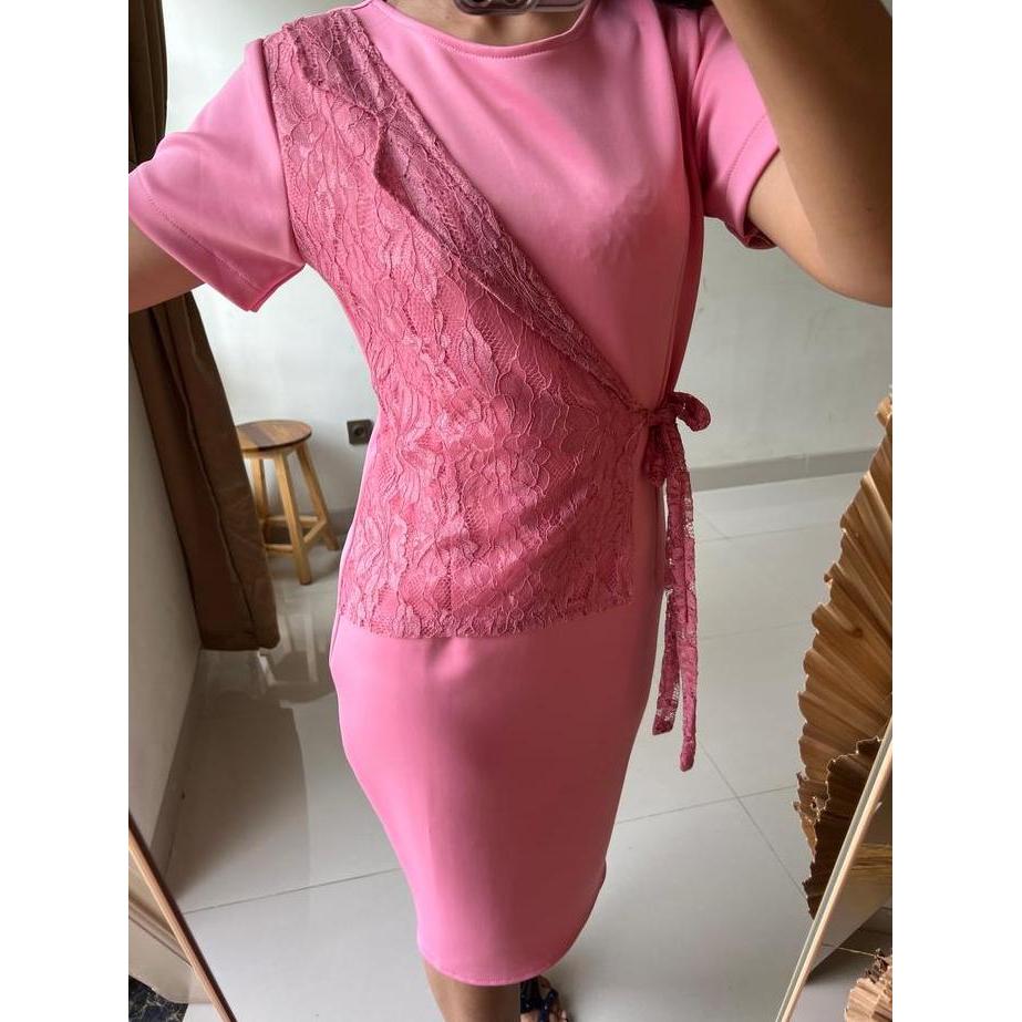 Promo ALTHREE Clothing - DINAR Dress Scuba Premium Kombinasi Brokat Dress Kondangan Casual Diskon