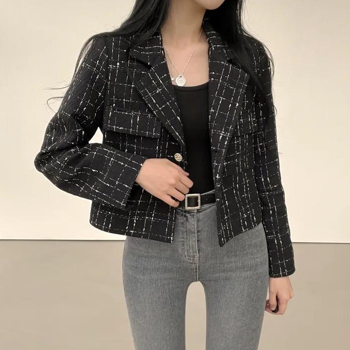 Jaket Wanita Korean Style Tweed Outer Kotak-kotak Hitam Kardigan Crop Lengan Panjang Baju Atasan Wan