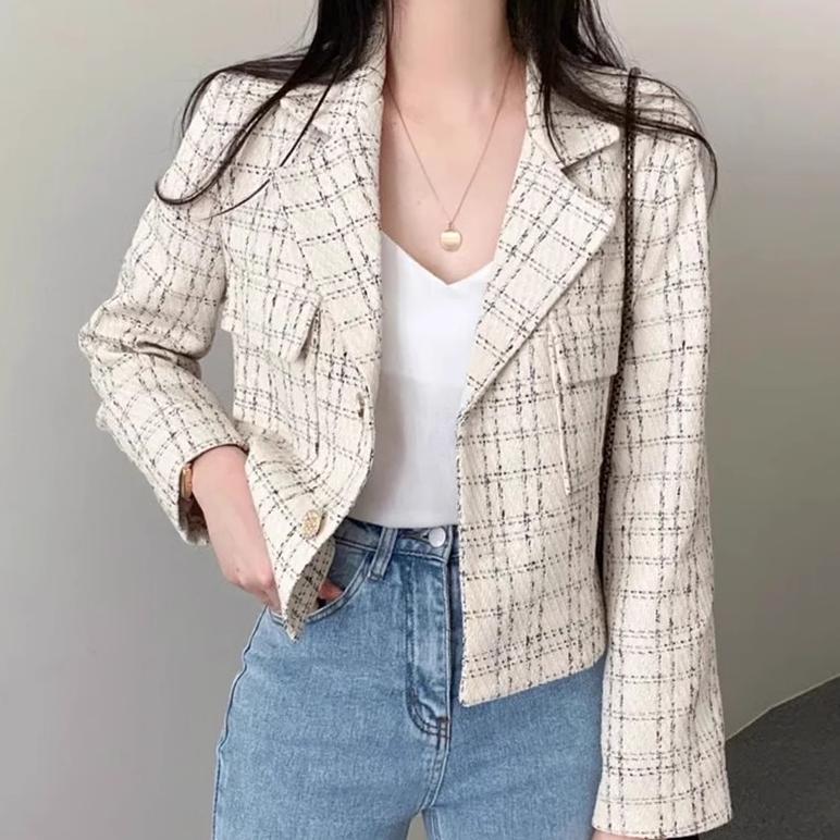 Jacket Wanita Vintage Lengan Panjang Kotak-kotak Kardigan Crop Korean Style Kekinian Import Baju Ata