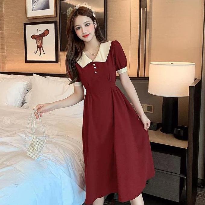 Promo Midi Dress Vintage Kerah Peter Pan Lengan Puff Dress Kerah Boneka A-Line Lengan Pendek - Burgu