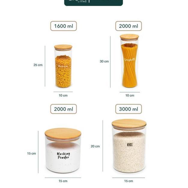 (Cod) Grinn Living Neron Jar / Toples Kaca Tutup Kayu / Bambu Untuk Tempat Spaghetti / Pasta / Beras
