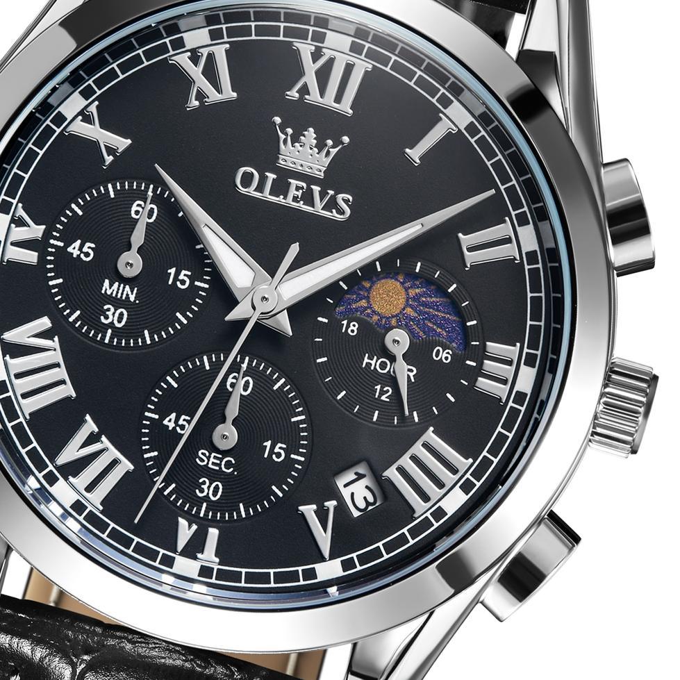 Premium Olevs Jam Tangan Pria Anti Air Original Cowok Kulit Hitam Coklat Luxury Chronograph Watch Me