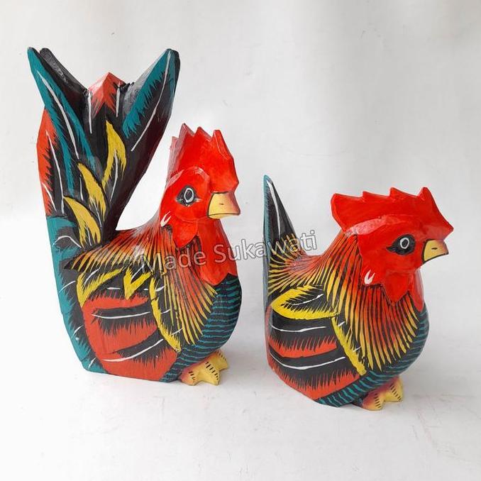 monggo] Patung sepasang ayam jantan betina Jongkok kerajinan ukiran kayu lukis Bali