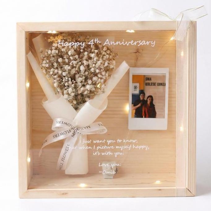 Promo Dried flower frame import - 3D wood box with lamp Kaca Kado kotak kayu lampu acrylic foto Disk