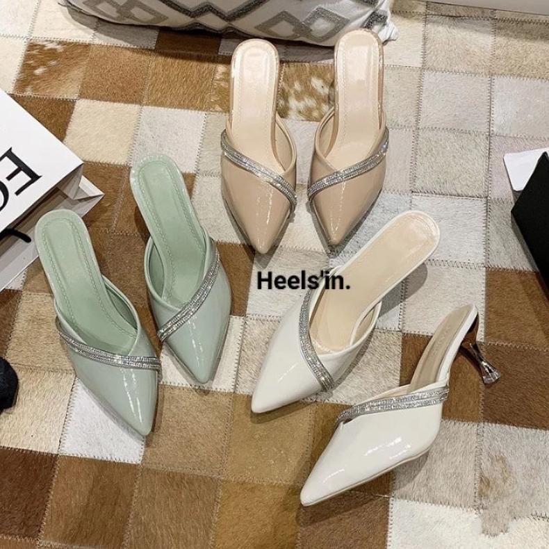 BIG PROMO sandal heels wanita tinggi 7 cm bapau kerucut bahan glosy/selop terbaru/ heels kaca hak ta