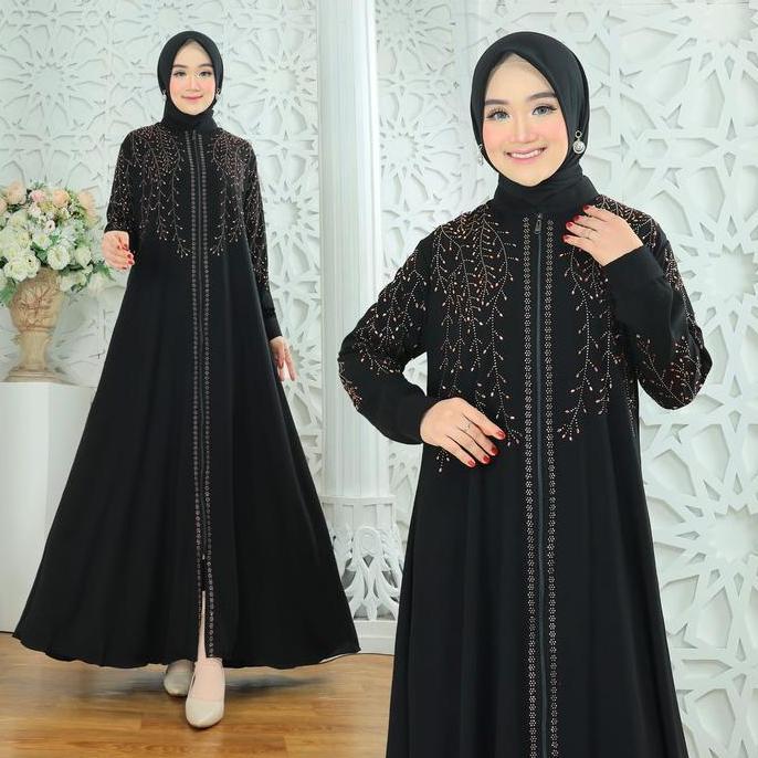 DV313 - Gamis Abaya  Hitam mix motte  Mewah bahan Jetblack Wolfis Terbaru  Dress Wanita Muslim Arab 