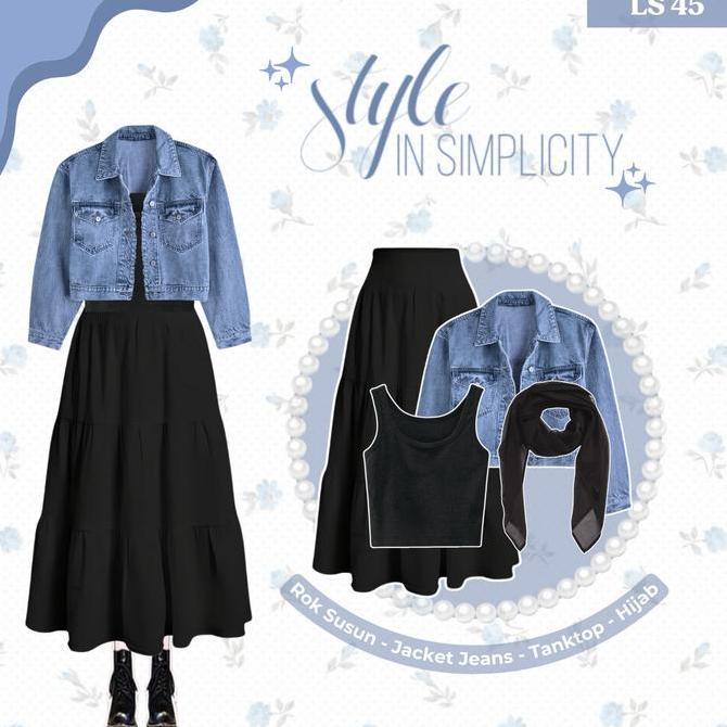 DI129 - One Set Korean Style | 3in1 Setelan Wanita ( Jaket Jeans Denim, Rok Susun  Panjang Hyget Hit
