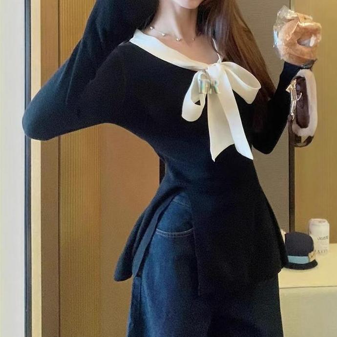 DF373 - Atasan Tunik Bahan Rajut Halus Dengan Tali Pita Belah Samping Bawah Lengan Panjang Import Pr