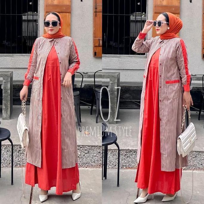 DF130 - Indah fashion - Set Outer Fauzana Salur Maxi Dress Wanita Kekinian Set Outer Katun Premium G