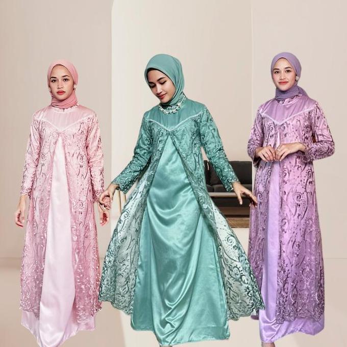 DV244 - SepGamis pesta kondangan brukat tile mutiara motif akar kombinasi satin model terbaru dan ke