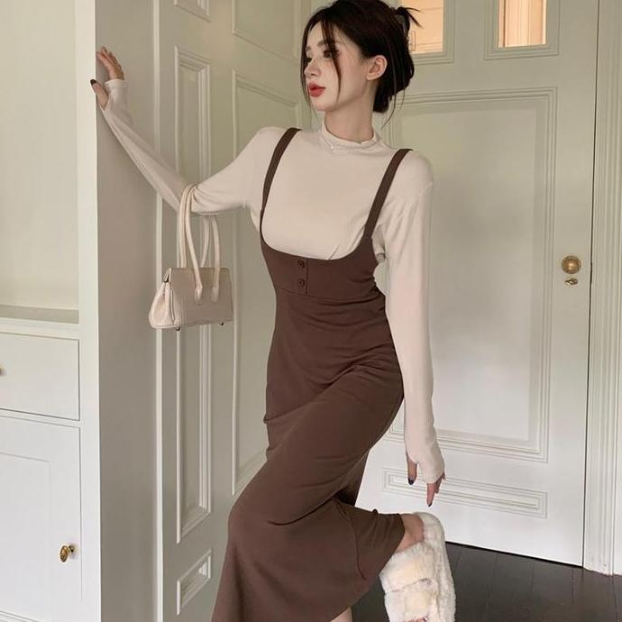 Terpopuler- One Set Turtle Neck Long Sleeve Top + Strap Midi Dress 1570 (S/M/L/Xl)