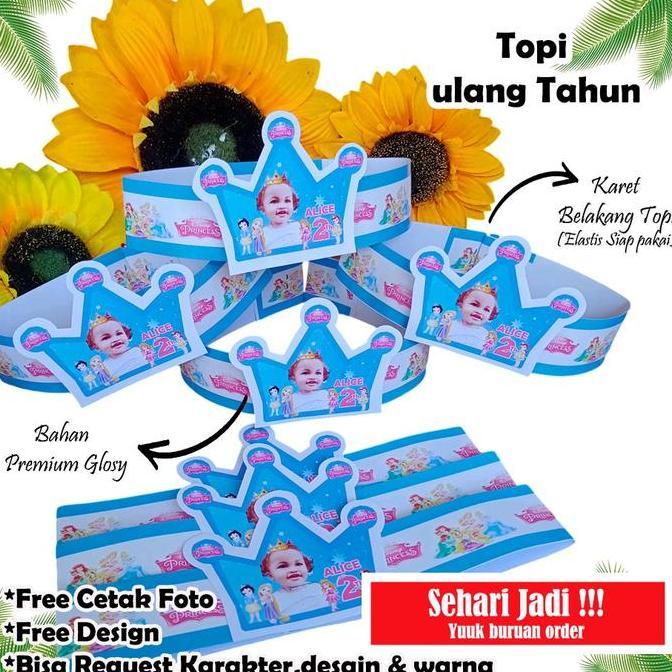 TERLARIS Topi ultah anak custom isi 40pcs(Bahan premium glosy)+desain foto anak Topi pesta/Topi ulta