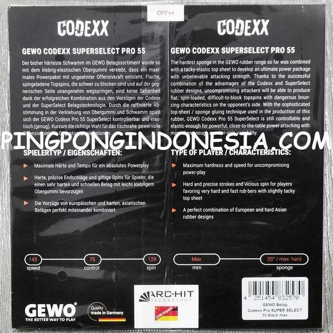 Gewo Codexx Pro 55 Superselect - Karet Pingpong Rubber Tenis Meja Bet