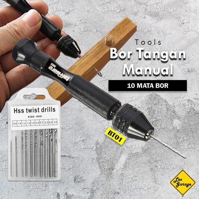 JUPRISYAHPU - BOR TANGAN MANUAL MINI HAND DRILL + 10 MATA BOR SET KAYU BESI HSS