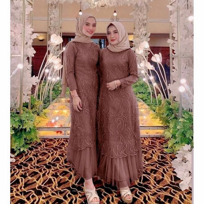 Hokywoi- Gamis Geraldine Brukat Tile Mutiara/Gamis Muslim Kondangan Pesta Gamissilkld130Jumbo