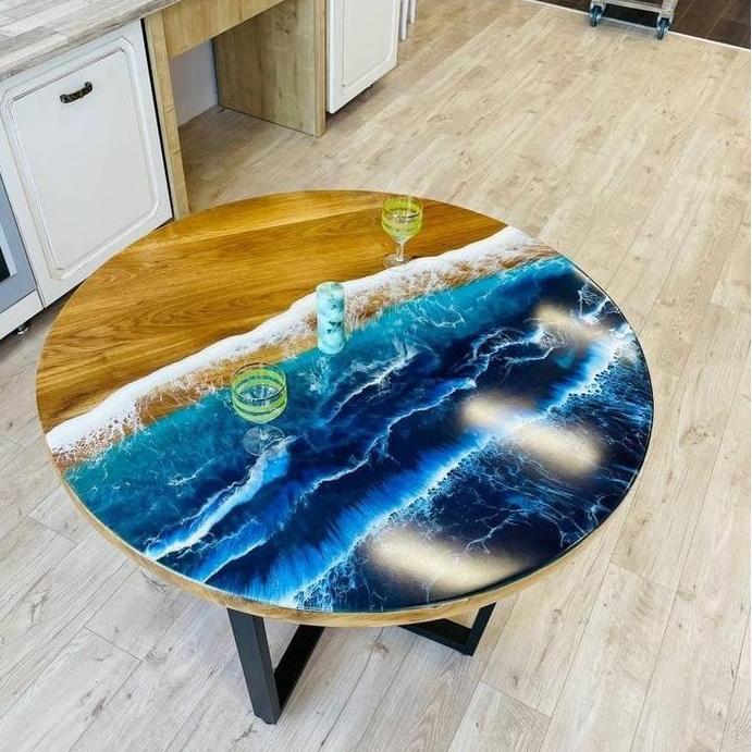Terlaris Coffee Table Resin,Meja Tamu Bulat,Meja Resin Epoxy Bulat Motif Ombak