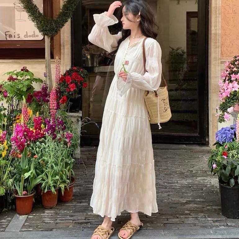 PREMIUM GAUN SIFON LENGAN PANJANG MUSIM GUGUR GAYA PUTRI PRANCIS DRESS PUTIH POLOS  M505