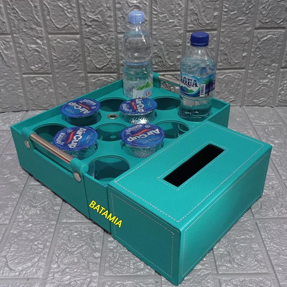 Tempat Aqua Gelas Botol Multifungsi 2 In 1 + Kotak Tisu Keranjang Air Mineral + Nampan Tray Tempat A