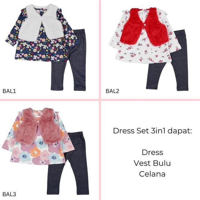 IN91 }} MINIBOO - Dress Set 3in1 kode BAL (PAKET DRESS ANAK BAYI) Baju Bayi