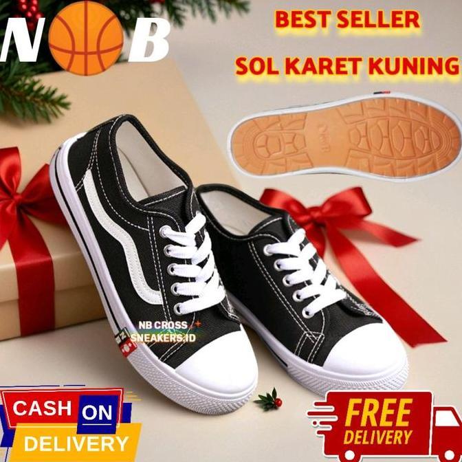 DS307 - Sepatu Sekolah NB CROSS Tali Pendek (LIST PUTIH) Sepatu Laki2 Perempuan Hitam Putih SOL KUNI