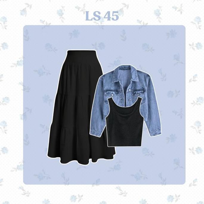 One Set Korean Style | 3in1 Setelan Wanita ( Jaket Jeans Denim, Rok Susun  Panjang Hyget Hitam, Tank