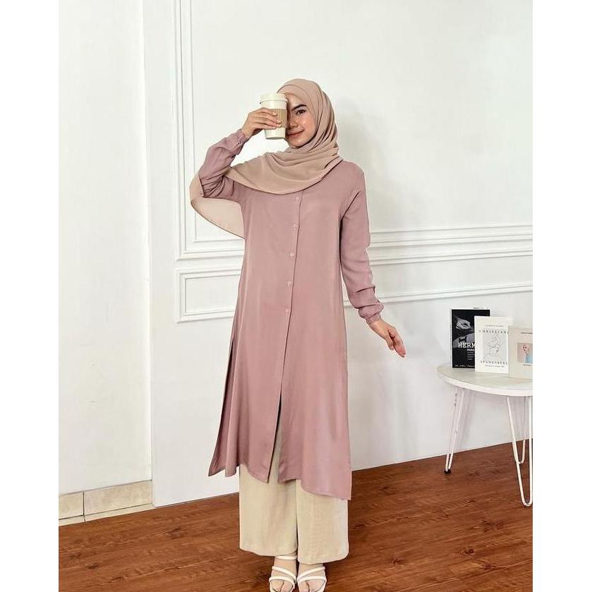 Elmiza - Yara Tunik Bahan Premium Rayon Twill Long Tunik Daily Kantor Kuliah Full Kancing Hidup