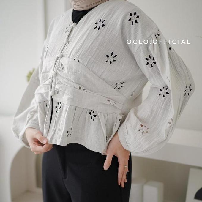Oclo Fyafa Blouse Atasan Wanita Katun Bordir Bolong Kancing Premium Terbaru OCL01010