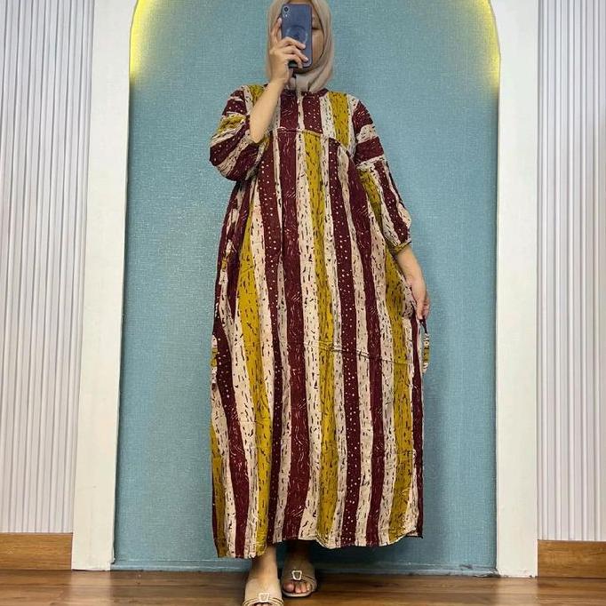 Gaun Rayon Muslim Remaja Dewasa Ibu Lebaran Motif Putih Atasan Katun Gamis Maxi Dress Menyusui Tebal