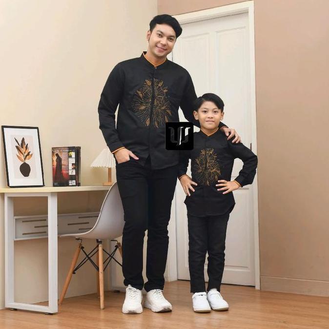 Koko kurta couple ayah anak KHALFAN HITAM gold lengan panjang pendek bordir kombinasi katun toyobo