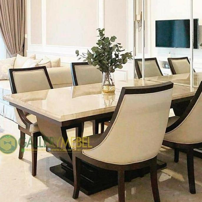 Terlaris Set Meja Kursi Makan Mewah Top Marmer / Set Meja Makan Top Marble Jati