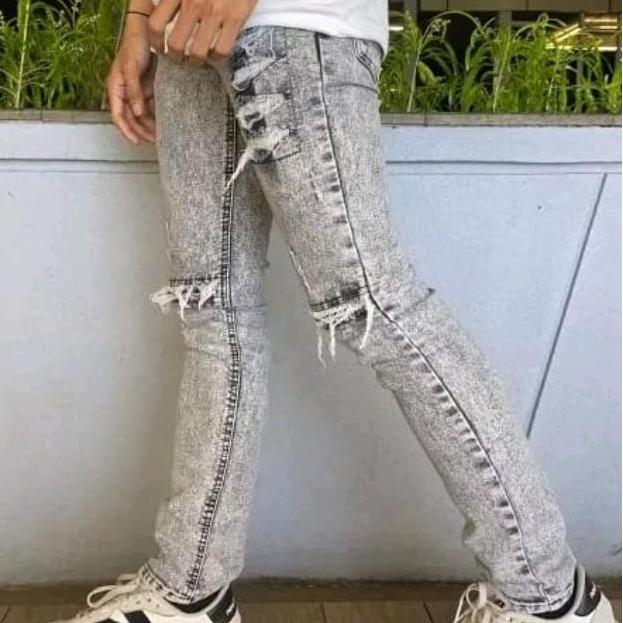 DS379 >> Celana Jeans Panjang Skinny Pria Abu Sandwash Sobek Destory Premium | Celana Jeans Pria Abu