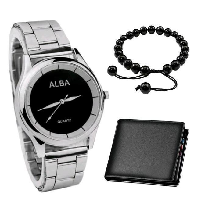 DV386 - Jam Tangan Alba Pria Tali Rantai Free Gelang + Dompet Kulit