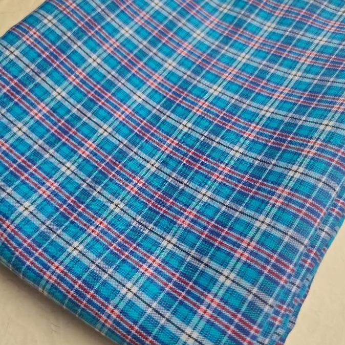 BAHAN KAIN katun Kotak biru seragam masker rok kemeja sekolah gulungan