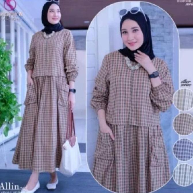Harga Miring Alin Gamis Midi Motif Kotak Kecil Terbaru//Gamis Terbaru