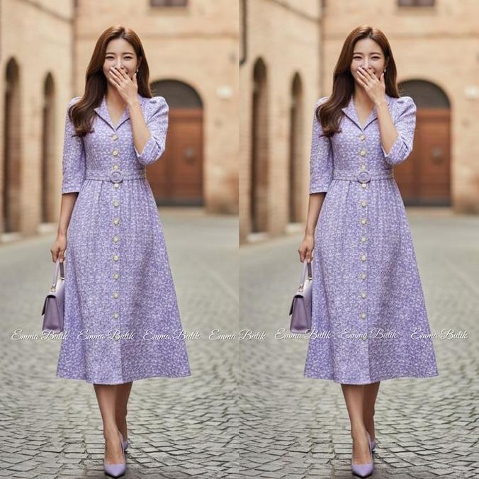 Mbgx- Emma Butik E00196 Midi Dress Jacquard Gaun Wanita Formal Dress Kancing Dress Gereja Mewah Panj