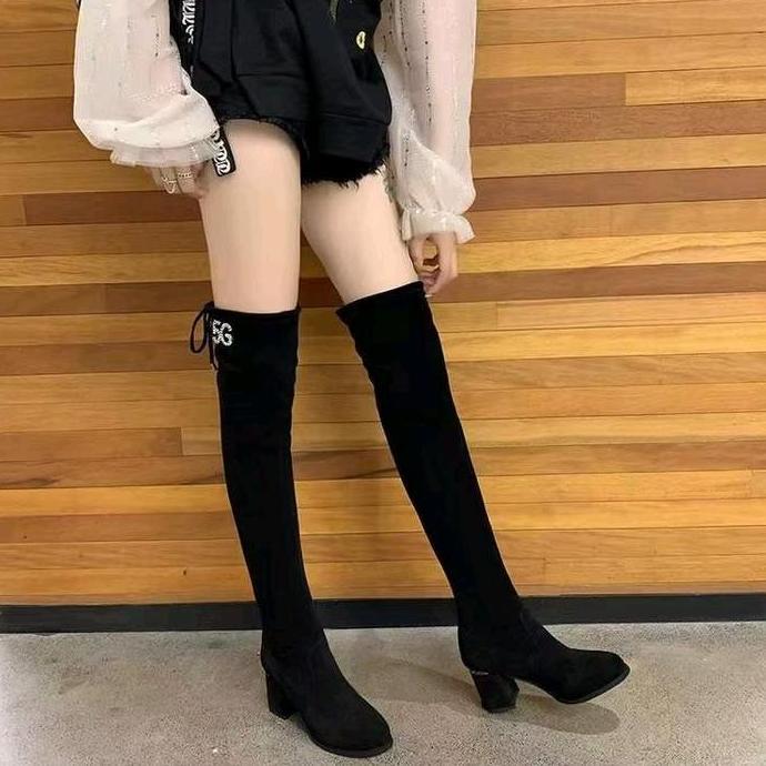 Murah Sepatu Winter Boots Heels Chunky Hitam Panjang Atas Lutut Wanita Ala Korea B26